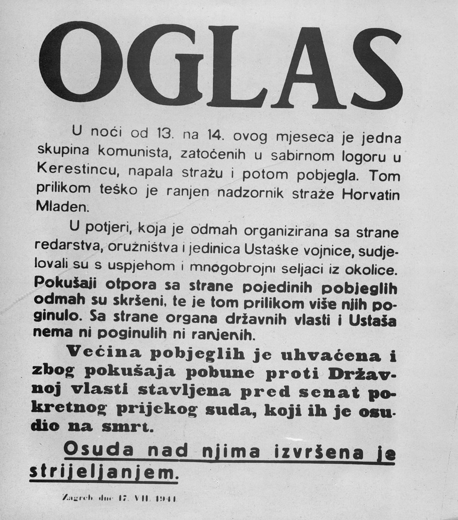 Oglas, ustaše, Kerestinec