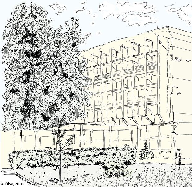 institute, building, sketch, skica, trees, grass