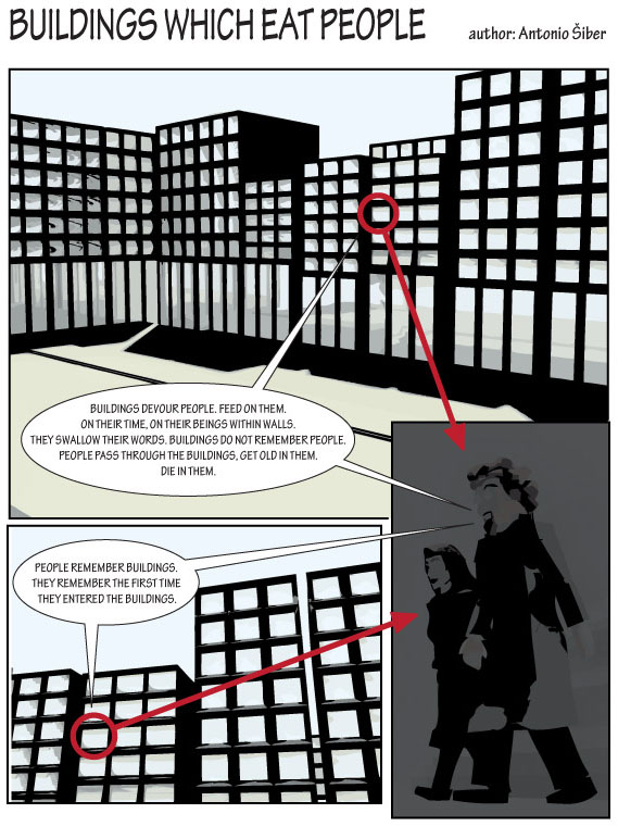 strip, comic, buildings, people