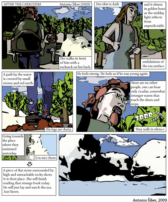 strip, comic, trees, sea