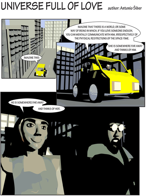strip, comic, buildings, car