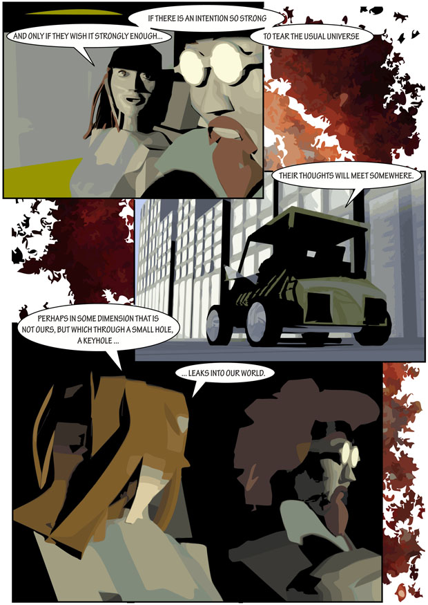 strip, comic, buildings, car