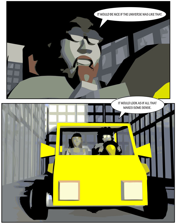 strip, comic, buildings, car