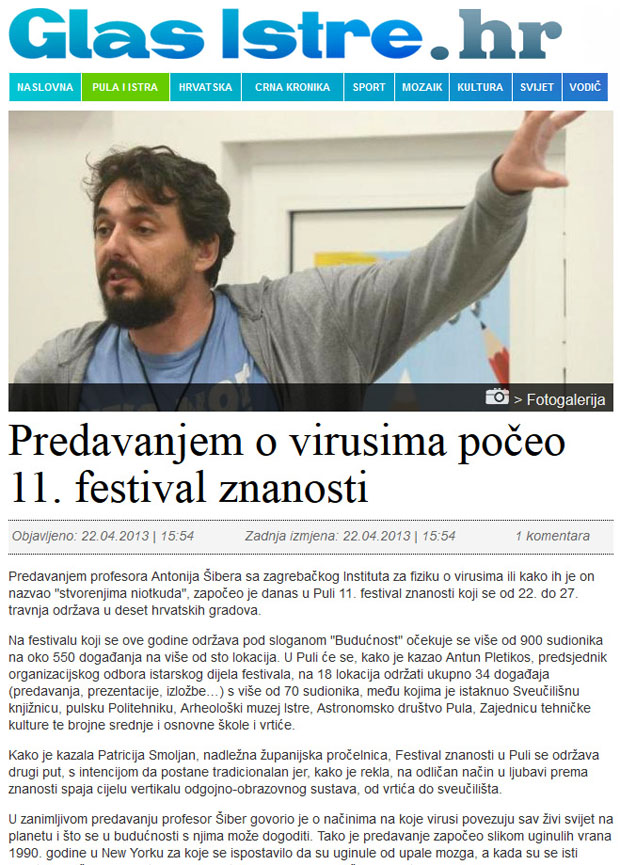 Glas Istre, članak u predavanju Antonija Šibera